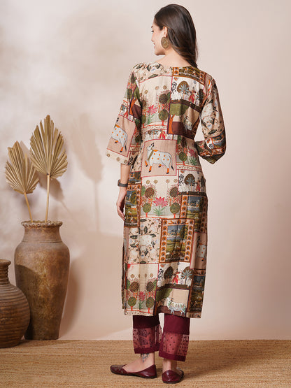 Pichwai Printed & Kantha Embroidered Straight Fit Kurta - Taupe