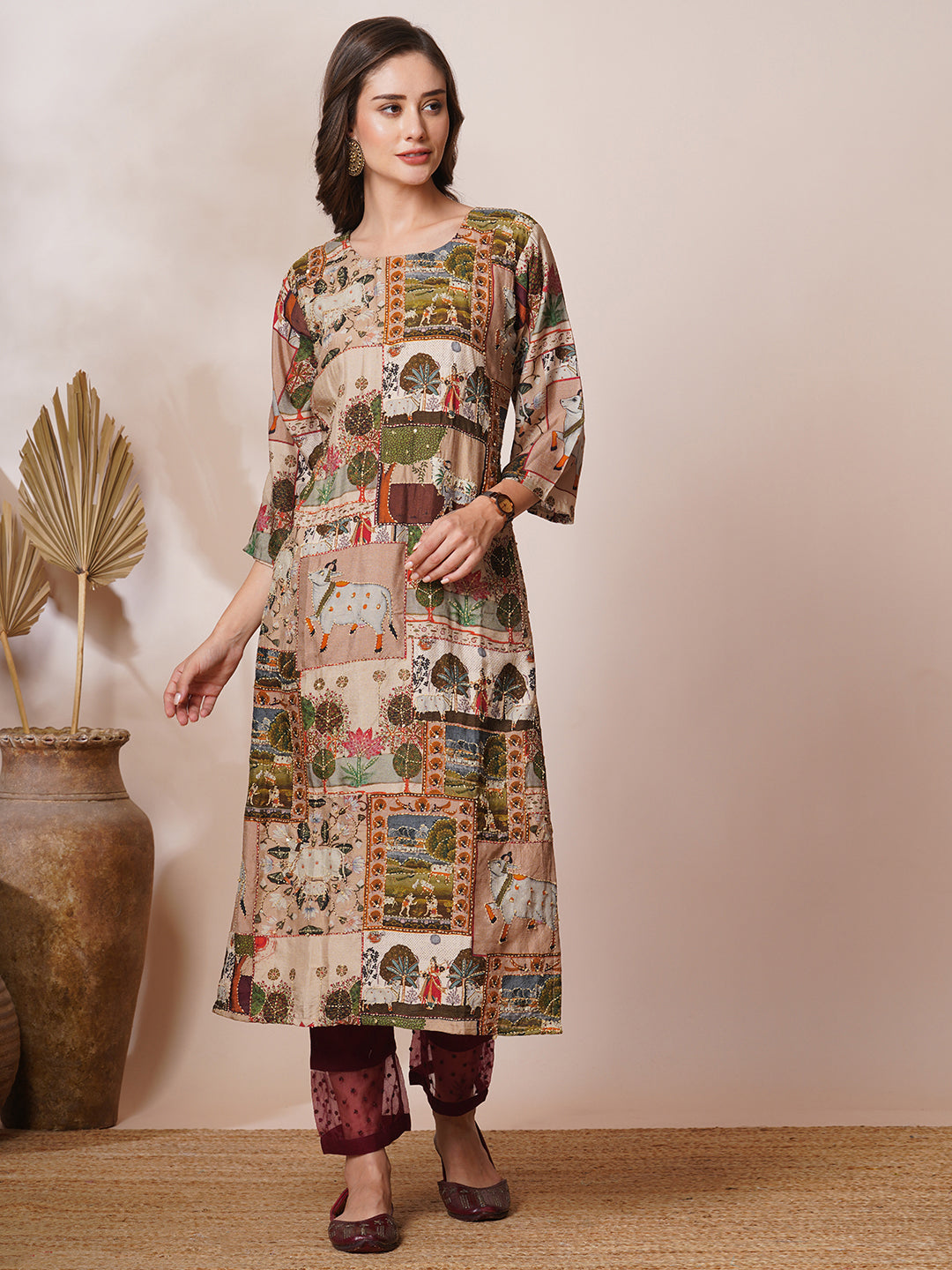 Pichwai Printed & Kantha Embroidered Straight Fit Kurta - Taupe