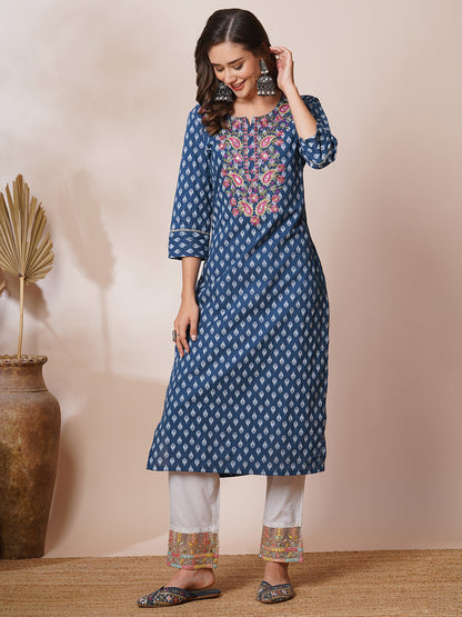 Ethnic Khari Printed & Embroidered Straight Fit Kurta - Blue