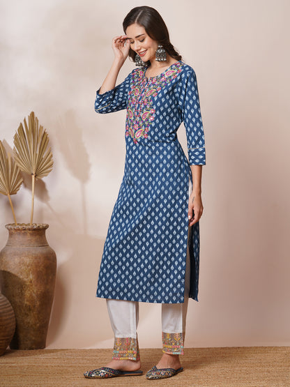 Ethnic Khari Printed & Embroidered Straight Fit Kurta - Blue