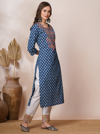 Ethnic Khari Printed & Embroidered Straight Fit Kurta - Blue