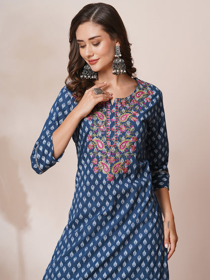 Ethnic Khari Printed & Embroidered Straight Fit Kurta - Blue