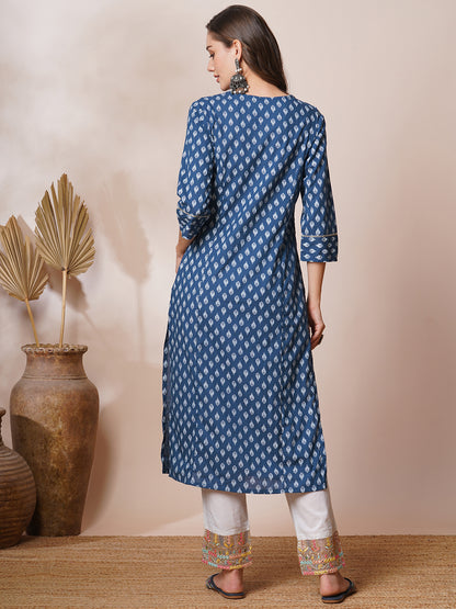 Ethnic Khari Printed & Embroidered Straight Fit Kurta - Blue