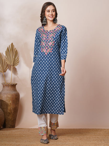 Ethnic Khari Printed & Embroidered Straight Fit Kurta - Blue