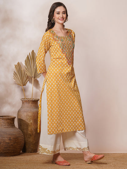 Ethnic Khari Printed & Embroidered Straight Fit Kurta - Mustard