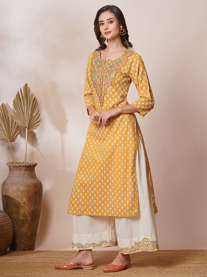 Ethnic Khari Printed & Embroidered Straight Fit Kurta - Mustard