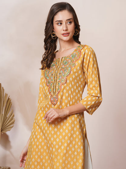 Ethnic Khari Printed & Embroidered Straight Fit Kurta - Mustard