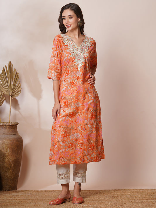 Chikankari Embroidered & Ethnic Foil Printed Straight Fit Kurta - Orange