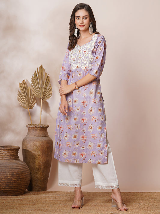 Chikankari Embroidered & English Floral Printed Straight Fit Kurta - Lavender