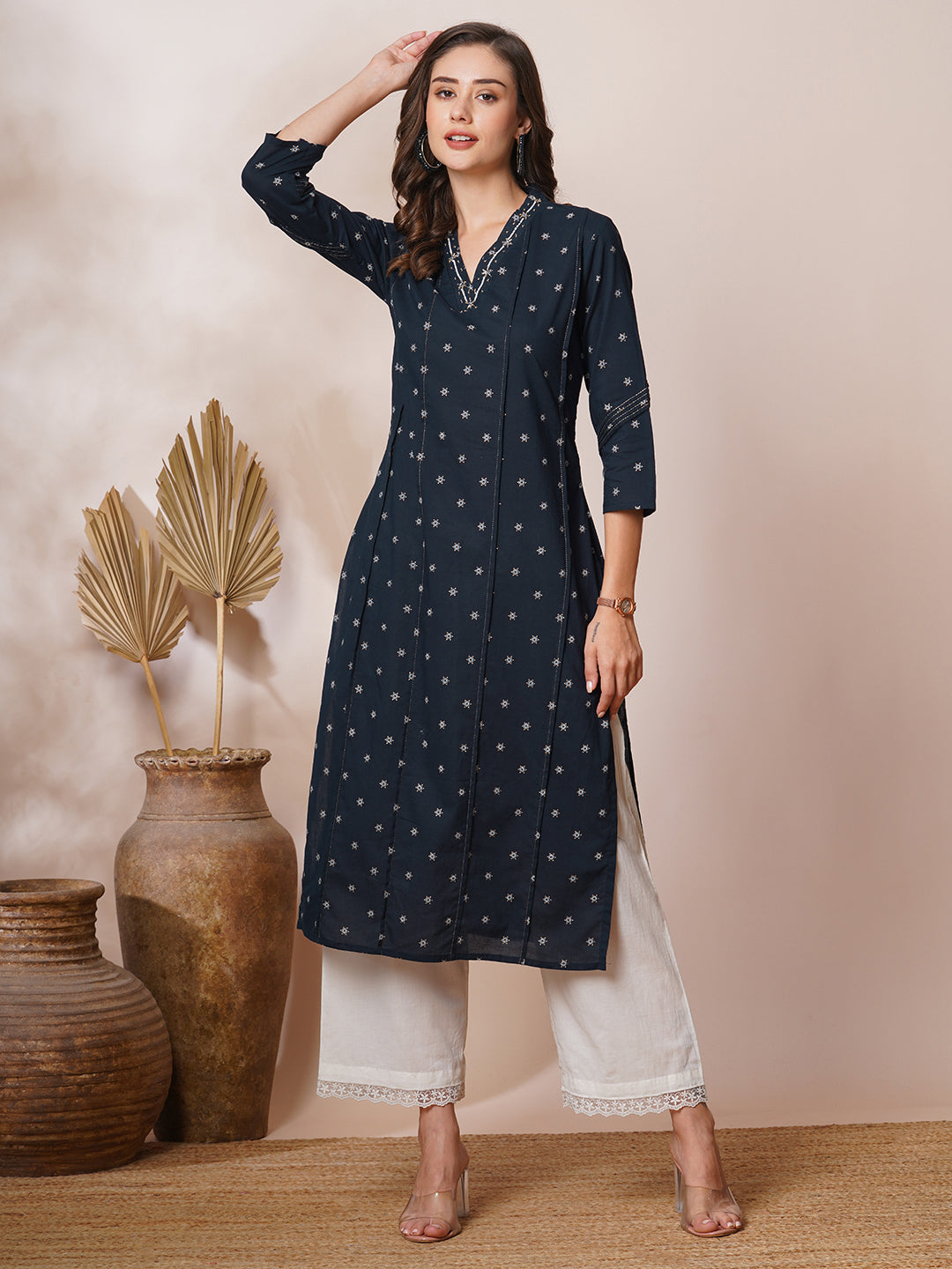 Ethnic Foil Printed & Embroidered Straight Fit Kurta - Navy Blue