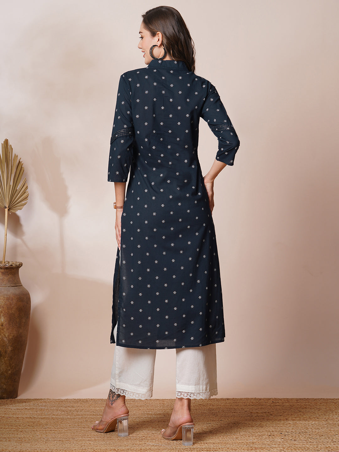 Ethnic Foil Printed & Embroidered Straight Fit Kurta - Navy Blue