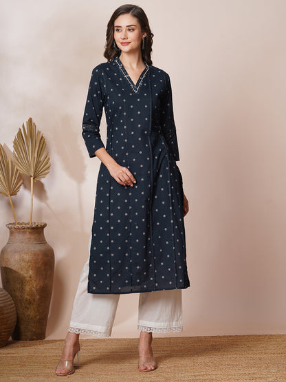 Ethnic Foil Printed & Embroidered Straight Fit Kurta - Navy Blue