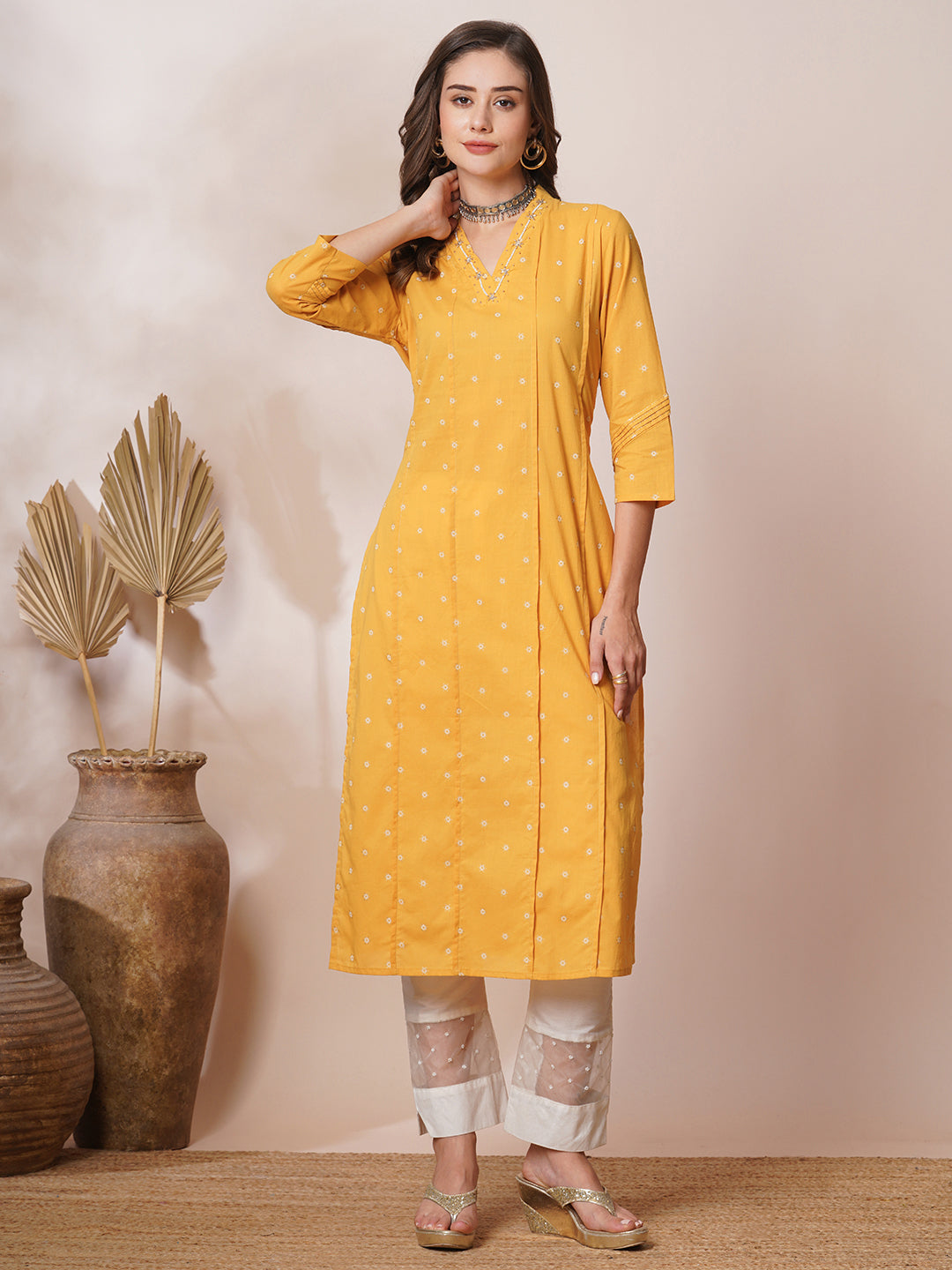 Ethnic Khari Printed & Embroidered Straight Fit Kurta - Yellow