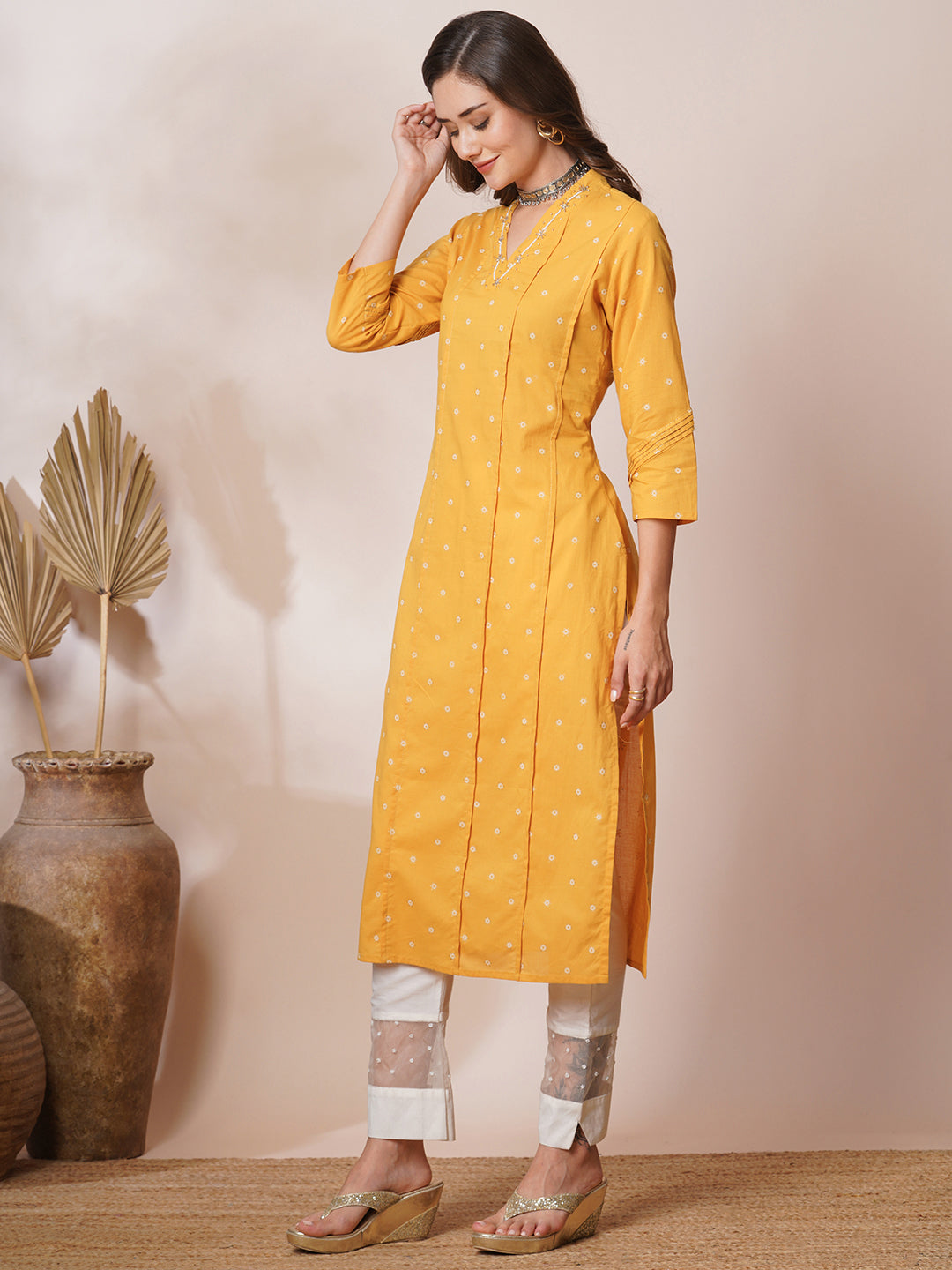 Ethnic Khari Printed & Embroidered Straight Fit Kurta - Yellow