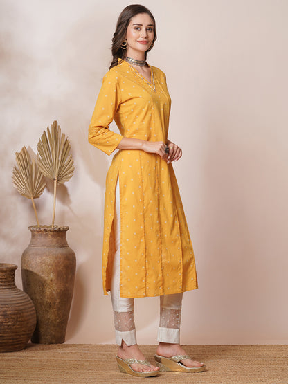 Ethnic Khari Printed & Embroidered Straight Fit Kurta - Yellow