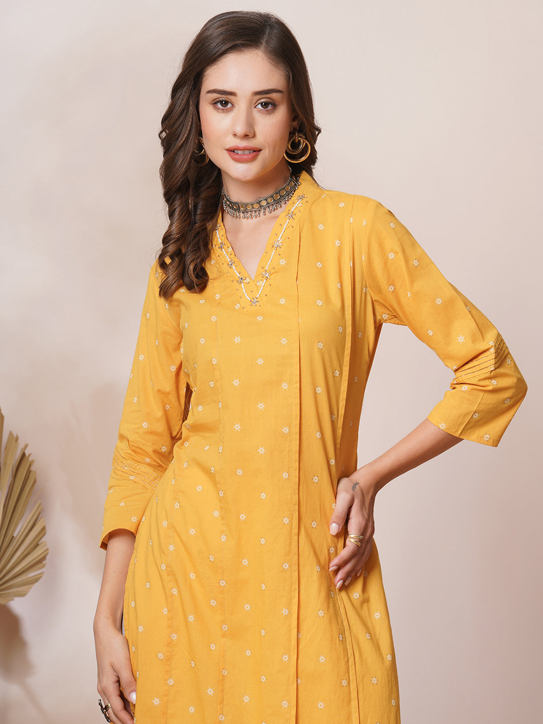 Ethnic Khari Printed & Embroidered Straight Fit Kurta - Yellow