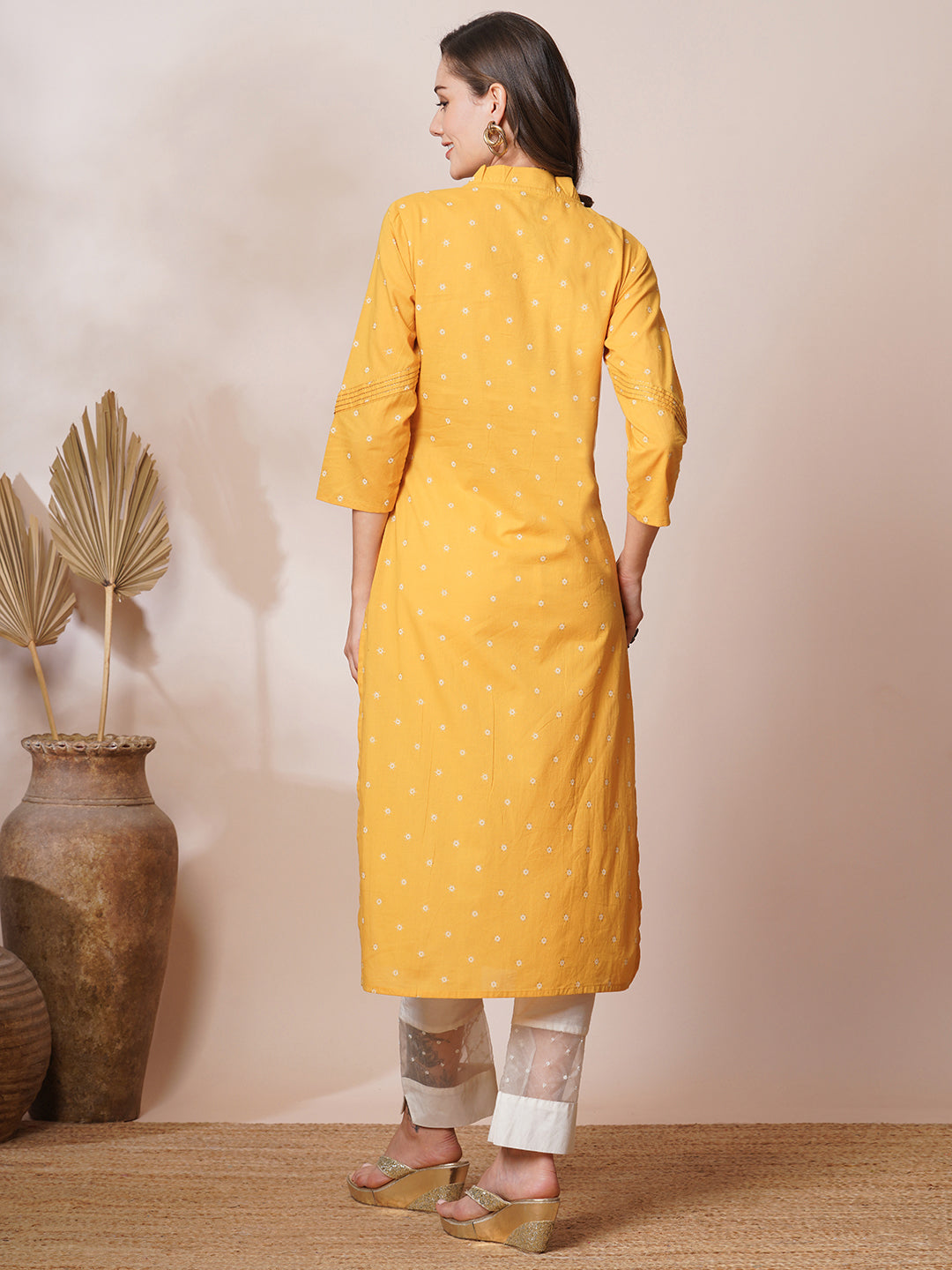 Ethnic Khari Printed & Embroidered Straight Fit Kurta - Yellow