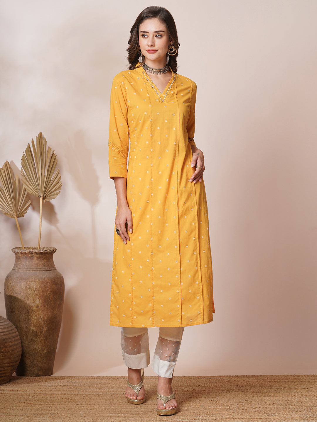 Ethnic Khari Printed & Embroidered Straight Fit Kurta - Yellow