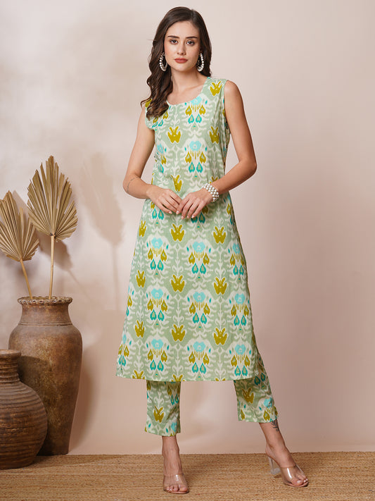 Abstract Ethnic Ikat Printed Straight Fit Co-ord Set - Mint Green