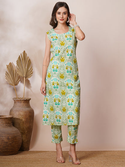 Abstract Ethnic Ikat Printed Straight Fit Co-ord Set - Mint Green