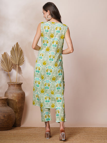 Abstract Ethnic Ikat Printed Straight Fit Co-ord Set - Mint Green