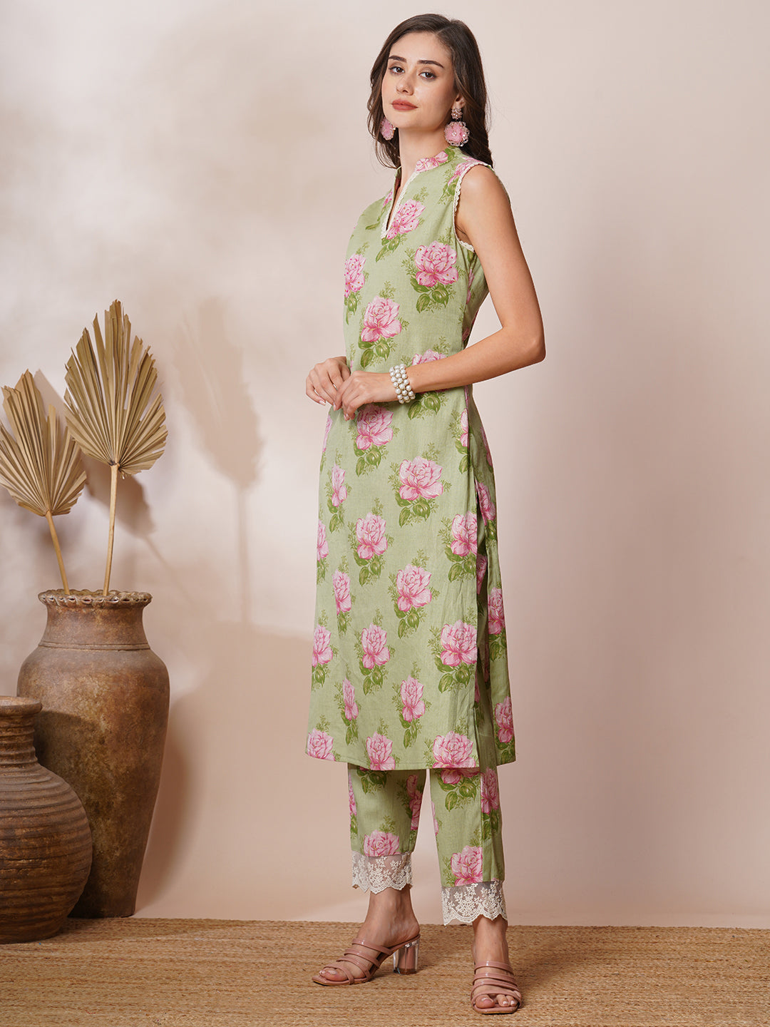 Floral Foil Printed & Hand Embroidered A-Line Co-ord Set - Green