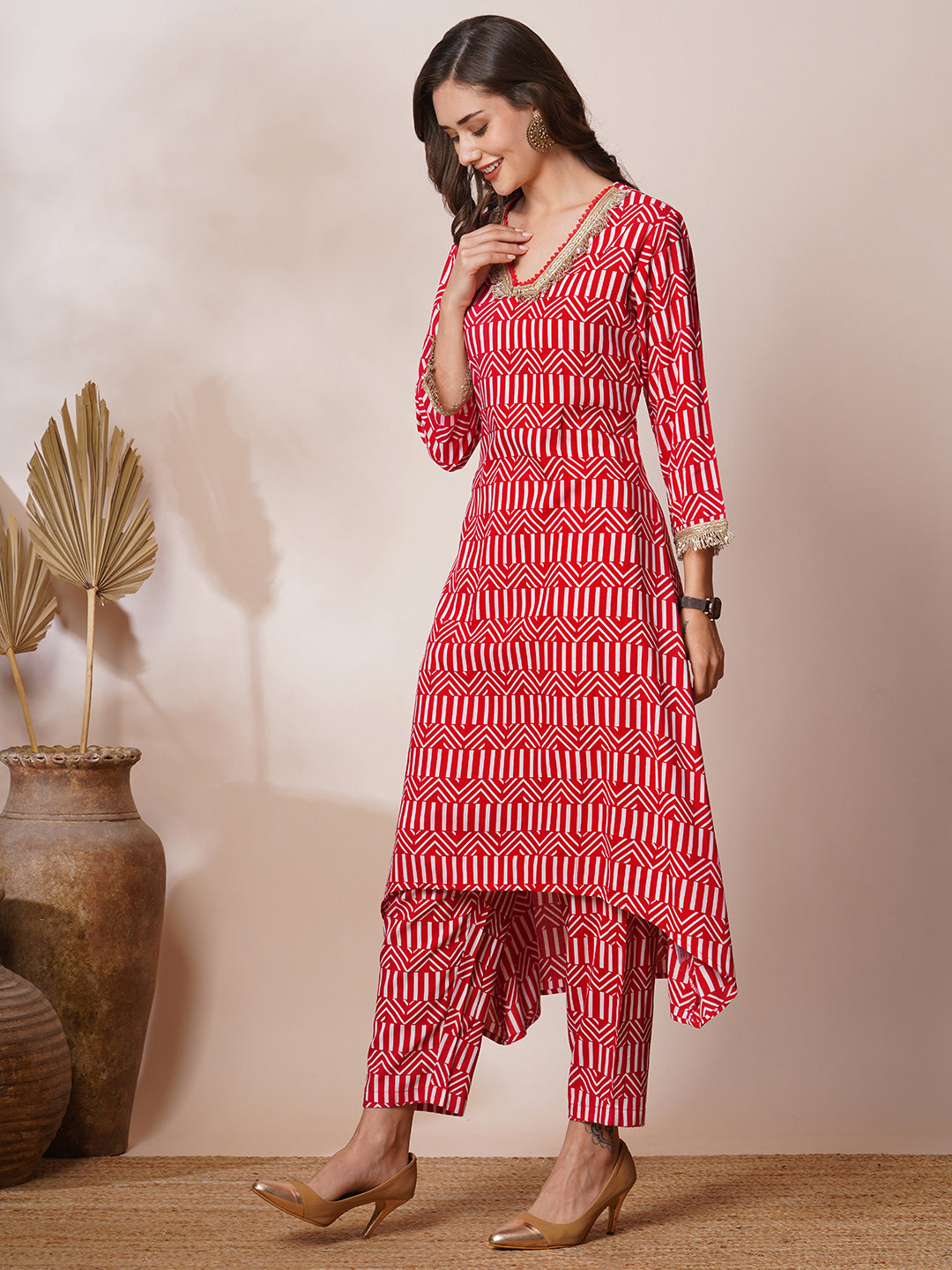 Abstract Stripes Printed & Embroidered A-Line Co-ord Set - Red