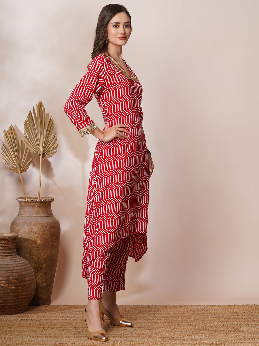 Abstract Stripes Printed & Embroidered A-Line Co-ord Set - Red