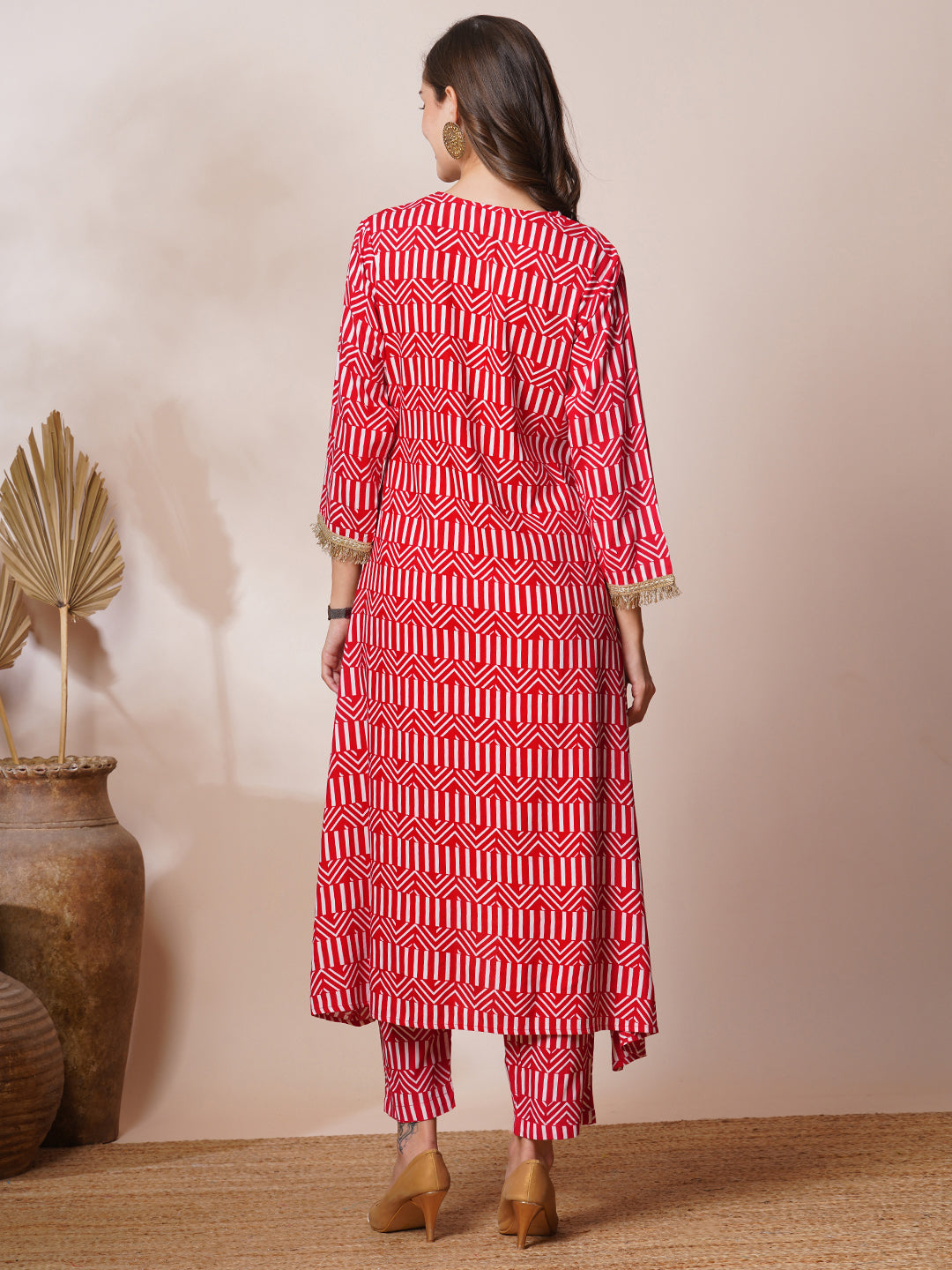 Abstract Stripes Printed & Embroidered A-Line Co-ord Set - Red