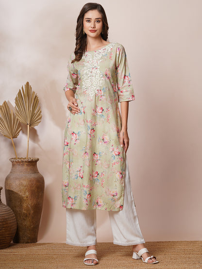 Floral Printed & Chikankari Embroidered Straight Fit Kurta - Mint Green