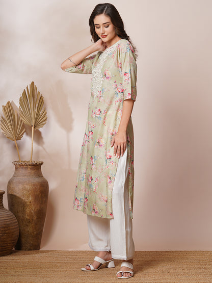 Floral Printed & Chikankari Embroidered Straight Fit Kurta - Mint Green