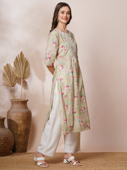 Floral Printed & Chikankari Embroidered Straight Fit Kurta - Mint Green