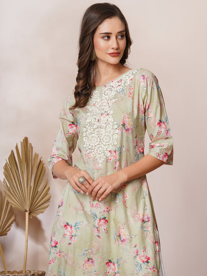 Floral Printed & Chikankari Embroidered Straight Fit Kurta - Mint Green