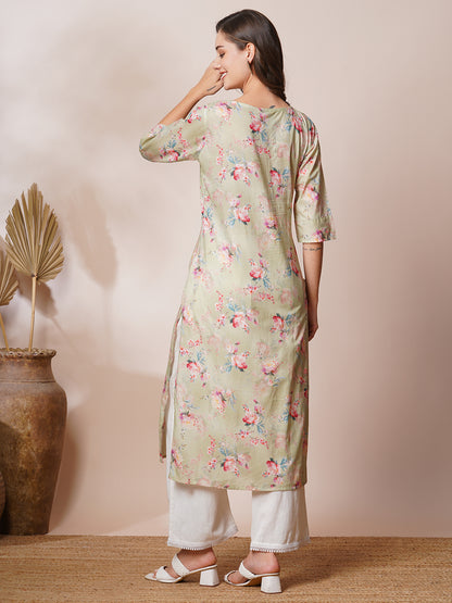 Floral Printed & Chikankari Embroidered Straight Fit Kurta - Mint Green