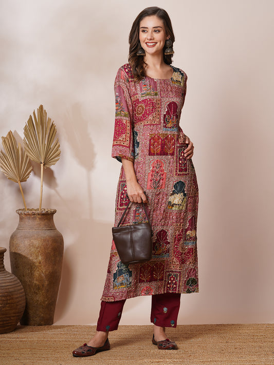 Ethnic Pichwai Printed & Kantha Embroidered Straight Fit Kurta - Mauve