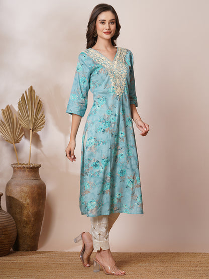 Chikankari Embroidered & Ethnic Foil Printed Straight Fit Kurta - Blue