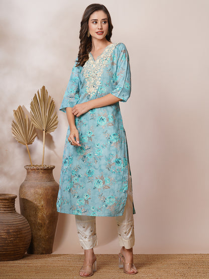 Chikankari Embroidered & Ethnic Foil Printed Straight Fit Kurta - Blue