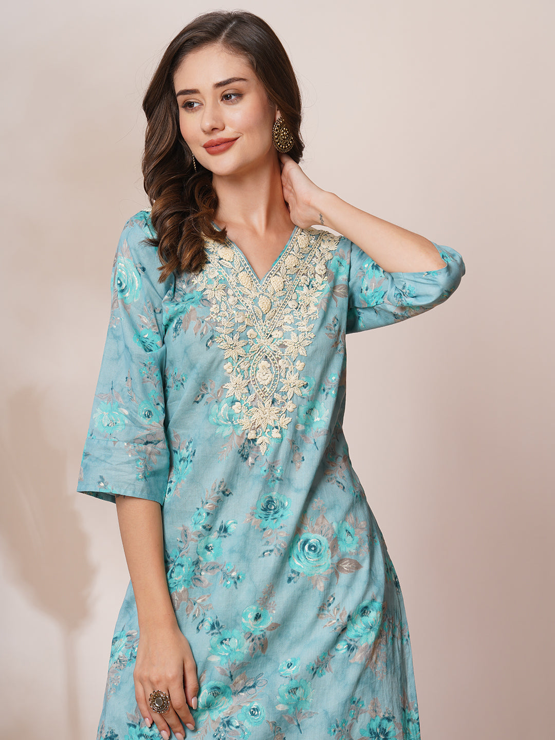 Chikankari Embroidered & Ethnic Foil Printed Straight Fit Kurta - Blue