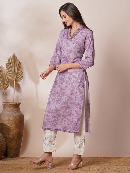 Ethnic Floral Printed & Embroidered Straight Fit Kurta - Lavender