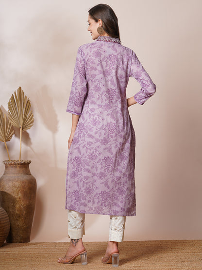 Ethnic Floral Printed & Embroidered Straight Fit Kurta - Lavender