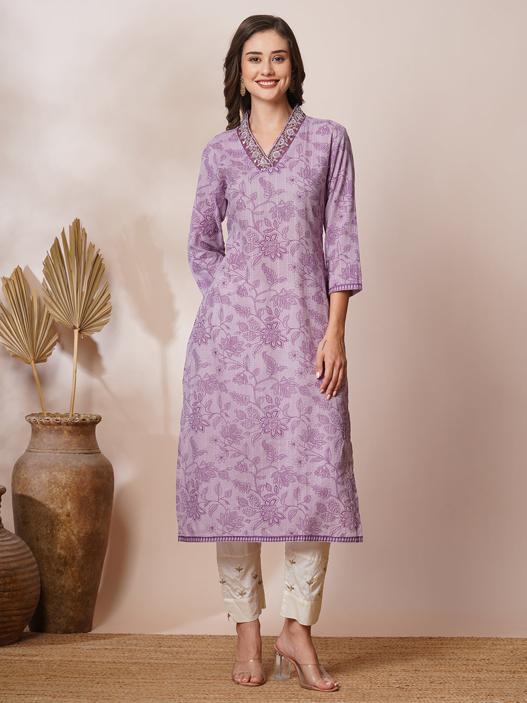 Ethnic Floral Printed & Embroidered Straight Fit Kurta - Lavender