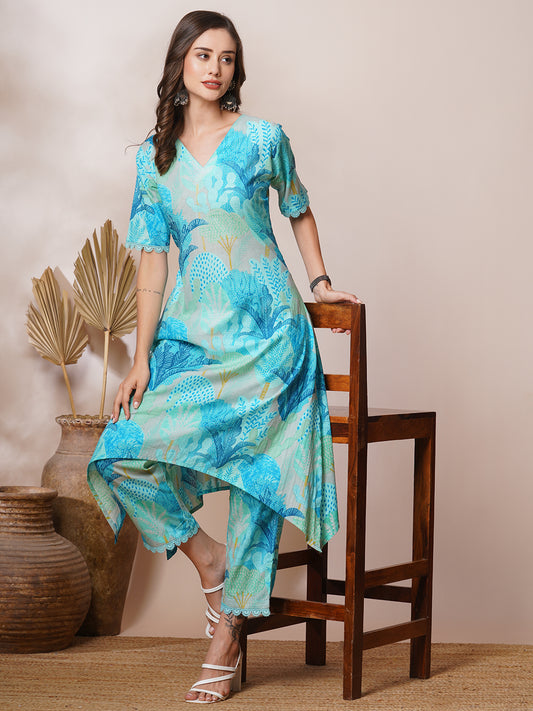 Tropical Floral Printed A-Line High- Low Co-ord Set - Blue