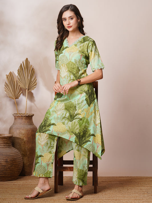 Tropical Floral Printed A-Line High- Low Co-ord Set - Green