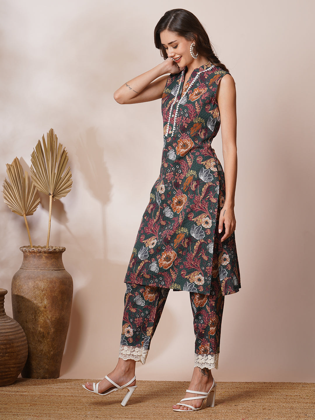 Abstract Floral Printed & Kantha Embroidered Straight Fit Co-ord Set - Green