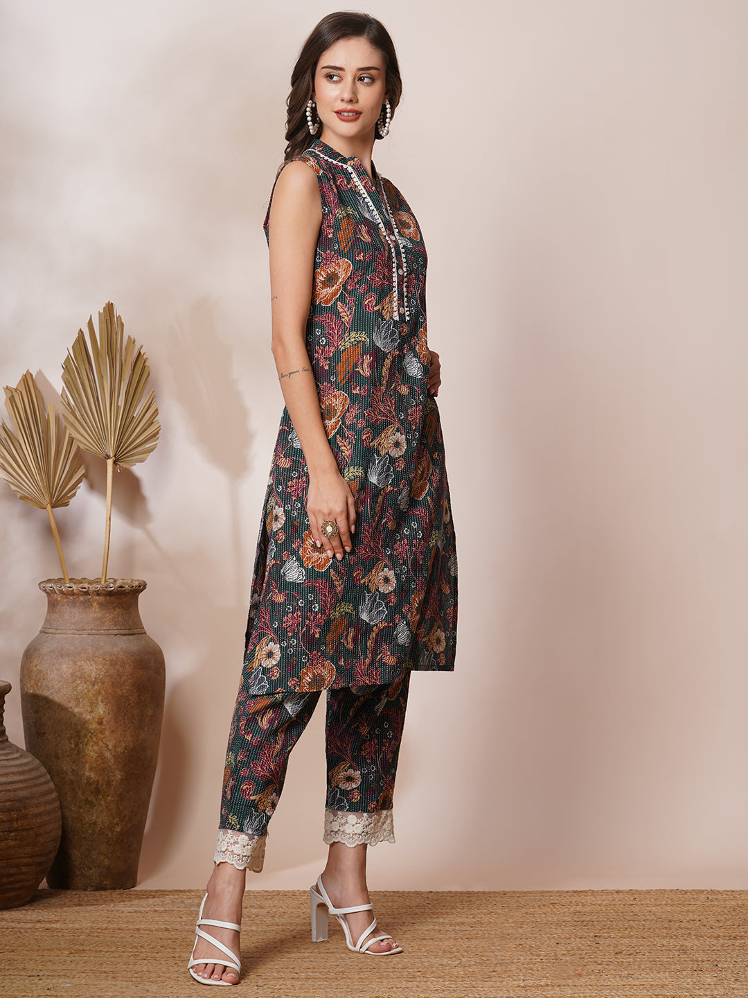 Abstract Floral Printed & Kantha Embroidered Straight Fit Co-ord Set - Green