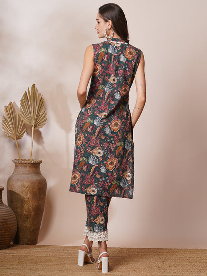 Abstract Floral Printed & Kantha Embroidered Straight Fit Co-ord Set - Green