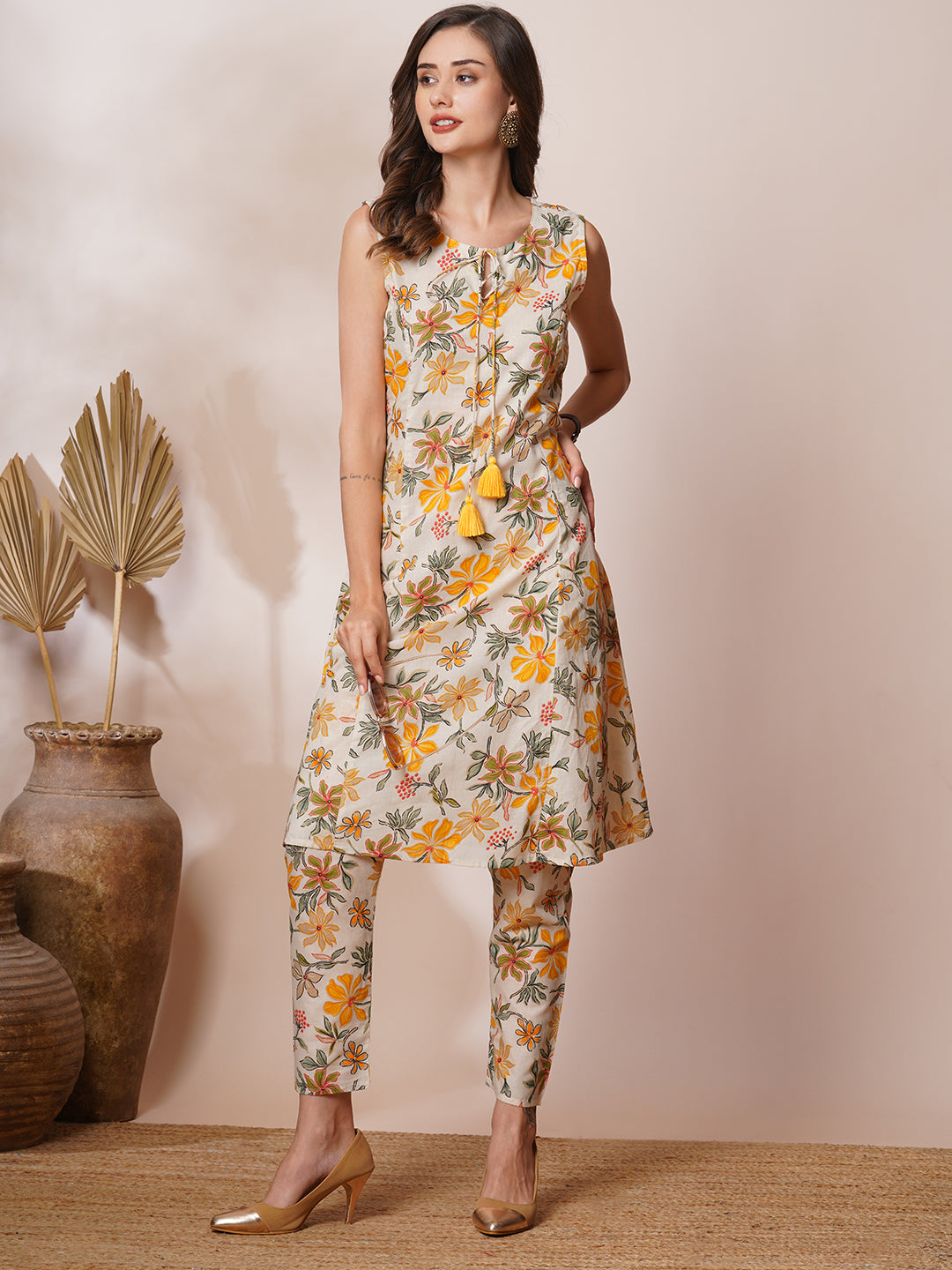 Floral Printed A-Line Paneled Co-ord Set - Off White