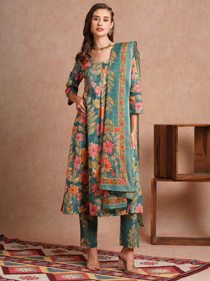 Floral Printed A-Line Kurta with Pant and Dupatta - Green