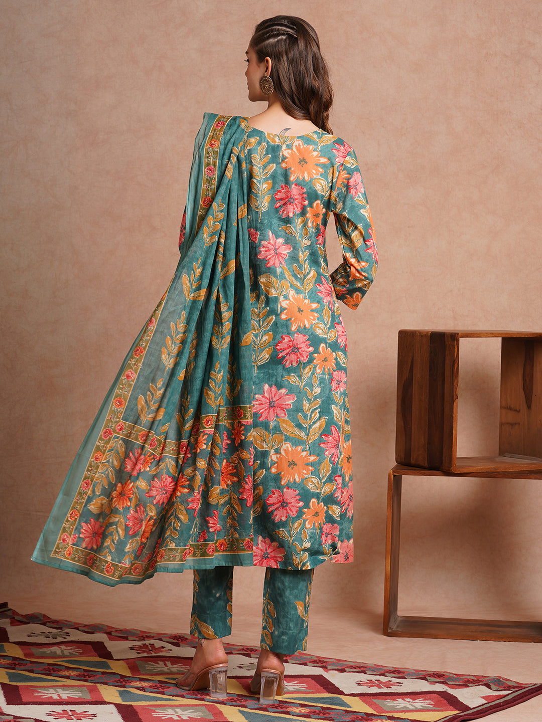 Floral Printed A-Line Kurta with Pant and Dupatta - Green