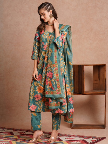 Floral Printed A-Line Kurta with Pant and Dupatta - Green